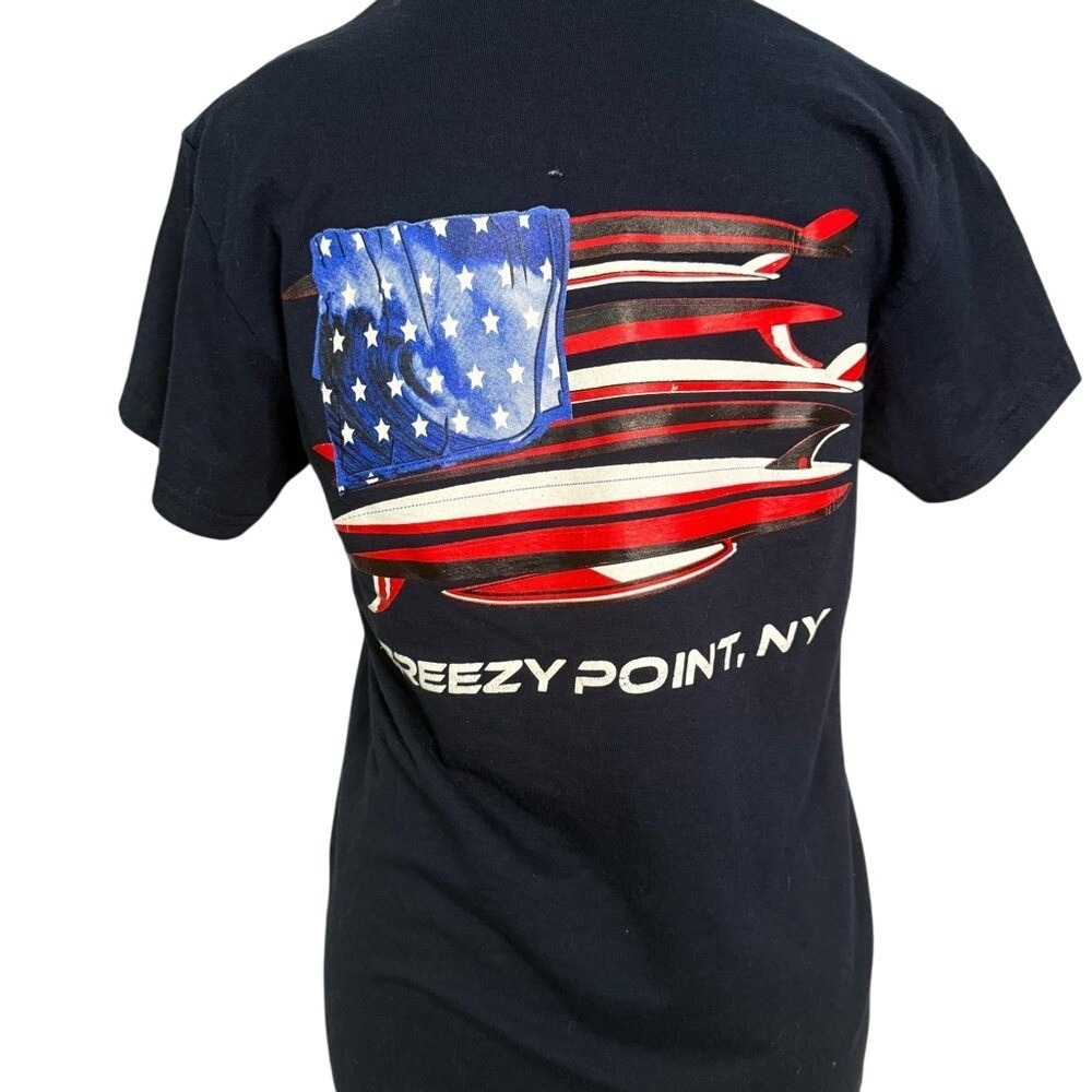 Breezy Point NY Navy American Flag Surf Shop T-Shirt Small